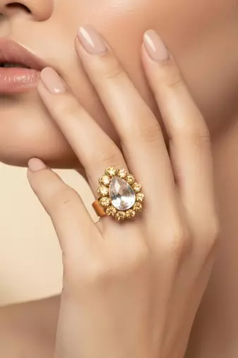 Golden stone stud brass ring / premium gold plated wedding ring for  women