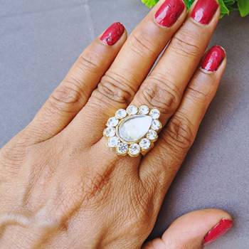White stone stud brass ring / premium gold plated wedding ring for  women 2