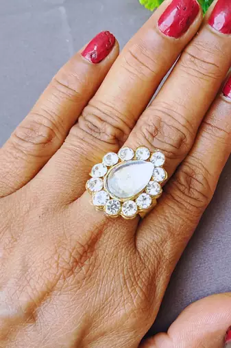 White stone stud brass ring / premium gold plated wedding ring for  women