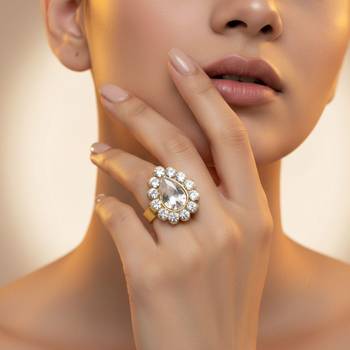White stone stud brass ring / premium gold plated wedding ring for  women 3