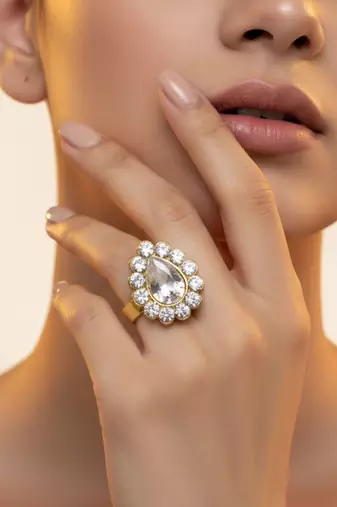 White stone stud brass ring / premium gold plated wedding ring for  women