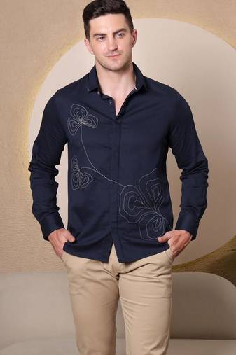 Pier seven men's polycotton embroidered regular fit shirt - navy blue (pwy080)