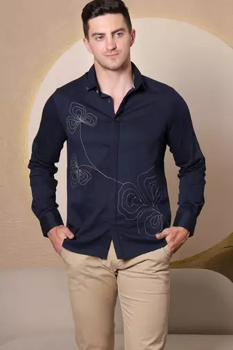 Pier seven men's polycotton embroidered regular fit shirt - navy blue (pwy080)