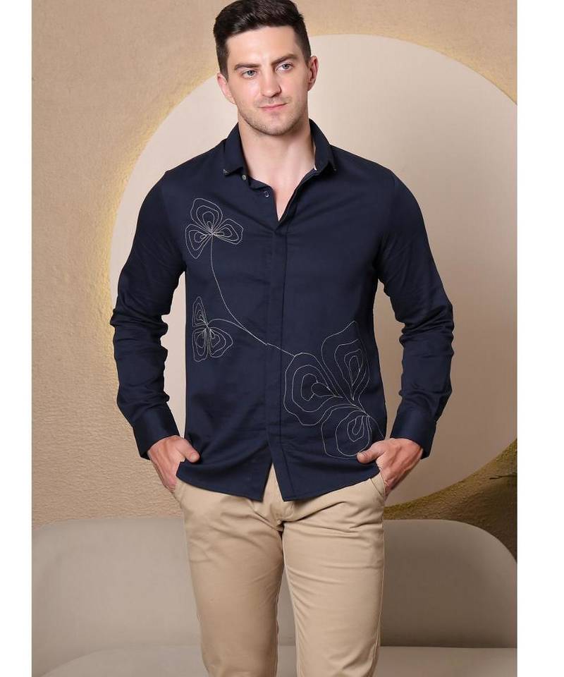 Pier seven men's polycotton embroidered regular fit shirt - navy blue (pwy080)