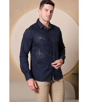 Pier seven men's polycotton embroidered regular fit shirt - navy blue (pwy080) 2