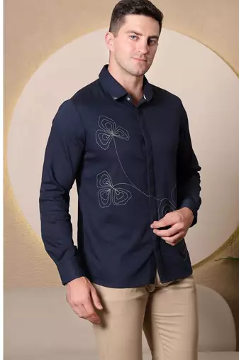 Pier seven men's polycotton embroidered regular fit shirt - navy blue (pwy080)