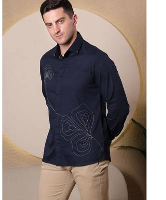 Pier seven men's polycotton embroidered regular fit shirt - navy blue (pwy080) 3