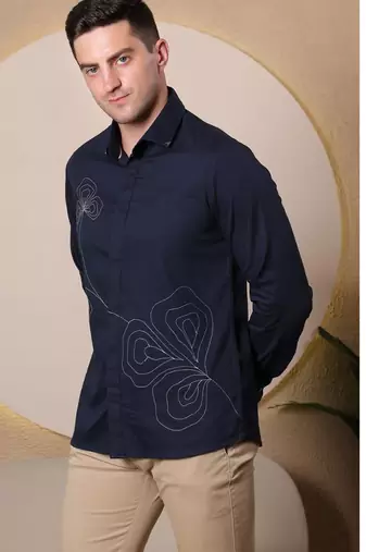 Pier seven men's polycotton embroidered regular fit shirt - navy blue (pwy080)