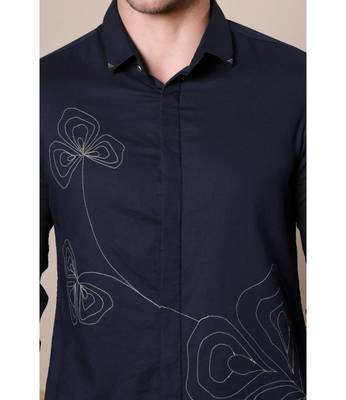 Pier seven men's polycotton embroidered regular fit shirt - navy blue (pwy080) 4