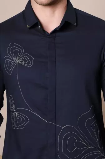 Pier seven men's polycotton embroidered regular fit shirt - navy blue (pwy080)
