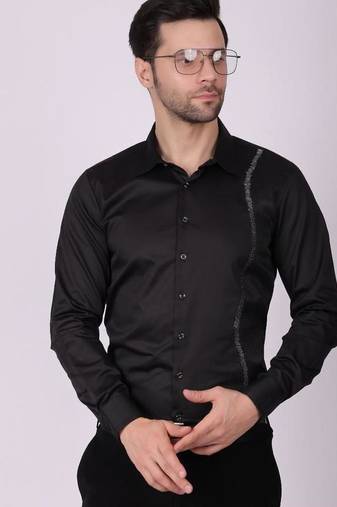 Pier seven men's cotton blended mix n match embroided slim fit shirt - black (pwy019)
