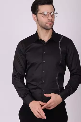 Pier seven men's cotton blended mix n match embroided slim fit shirt - black (pwy019)