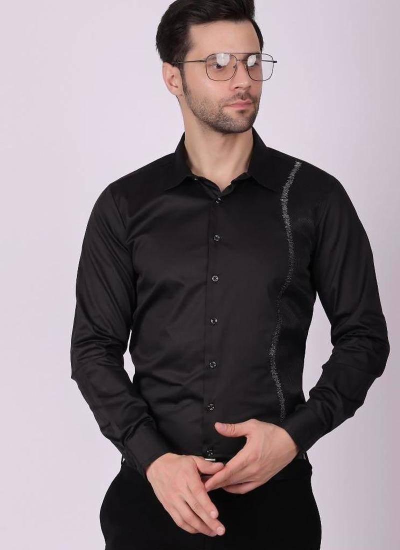 Pier seven men's cotton blended mix n match embroided slim fit shirt - black (pwy019)