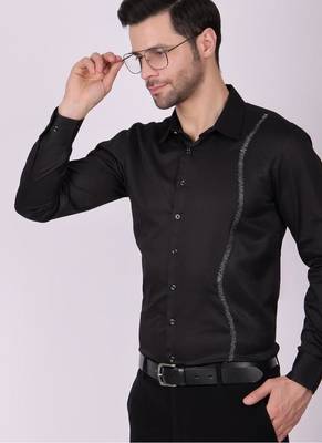 Pier seven men's cotton blended mix n match embroided slim fit shirt - black (pwy019) 2