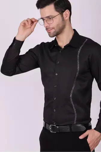 Pier seven men's cotton blended mix n match embroided slim fit shirt - black (pwy019)