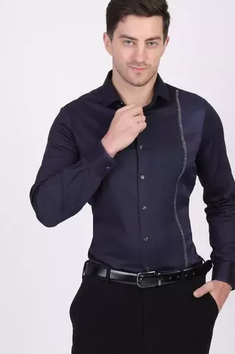 Pier seven men's cotton blended mix n match embroided slim fit shirt - navy blue (pwy019)