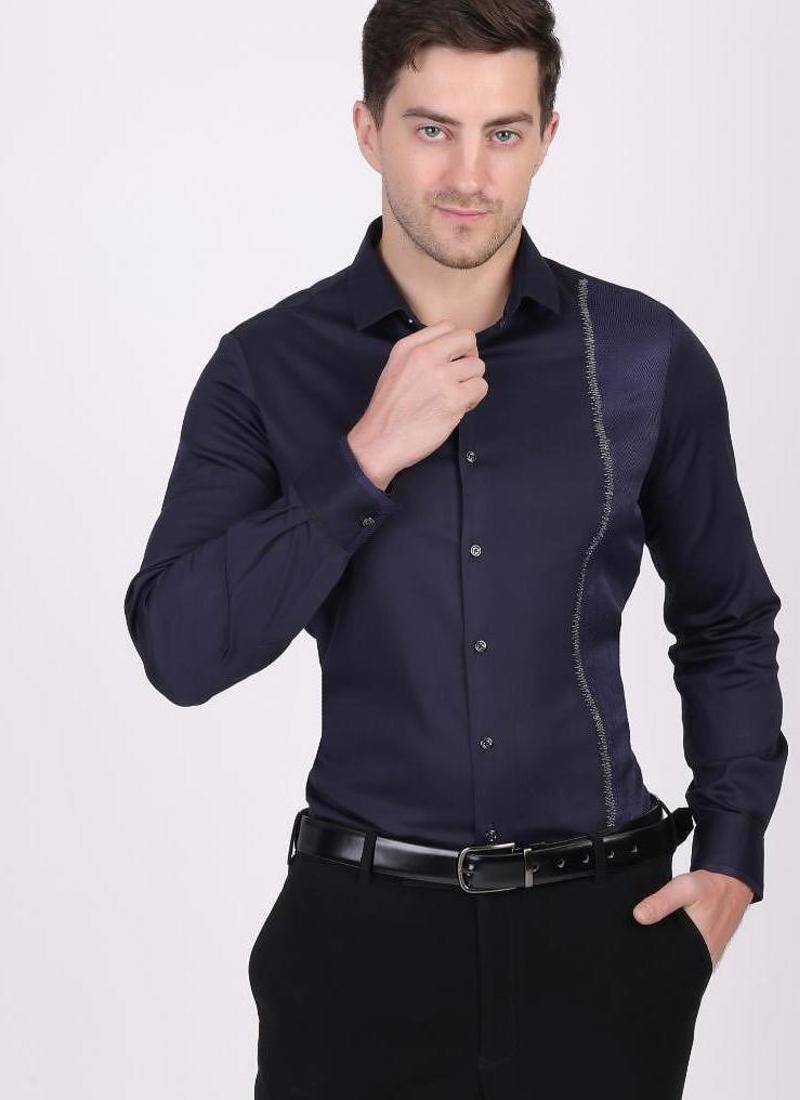 Pier seven men's cotton blended mix n match embroided slim fit shirt - navy blue (pwy019)