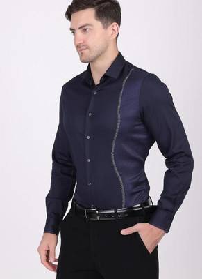 Pier seven men's cotton blended mix n match embroided slim fit shirt - navy blue (pwy019) 2