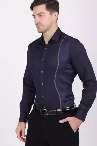 Pier seven men's cotton blended mix n match embroided slim fit shirt - navy blue (pwy019)