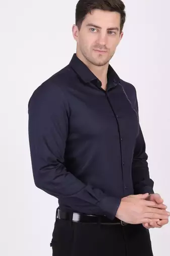 Pier seven men's cotton blended mix n match embroided slim fit shirt - navy blue (pwy019)