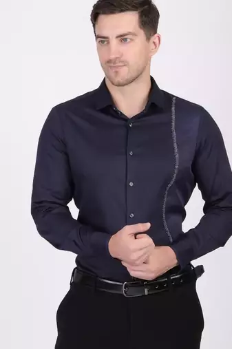 Pier seven men's cotton blended mix n match embroided slim fit shirt - navy blue (pwy019)