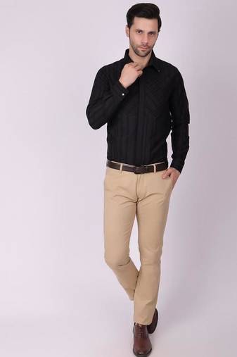 Pier seven men's cotton striped pleated yoke regular fit shirt - black (pwy054)