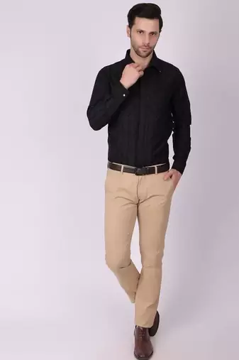 Pier seven men's cotton striped pleated yoke regular fit shirt - black (pwy054)