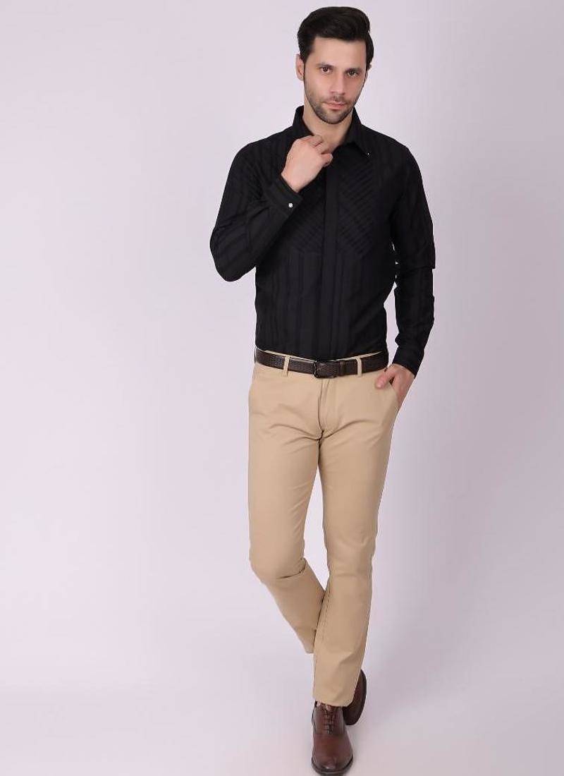 Pier seven men's cotton striped pleated yoke regular fit shirt - black (pwy054)