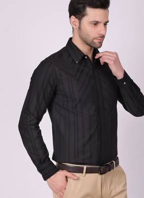 Pier seven men's cotton striped pleated yoke regular fit shirt - black (pwy054) 2