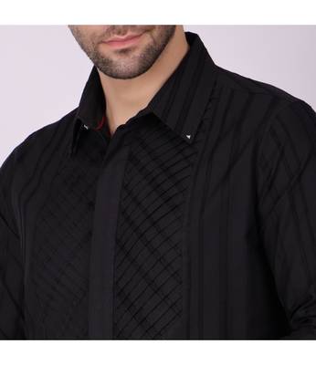 Pier seven men's cotton striped pleated yoke regular fit shirt - black (pwy054) 3