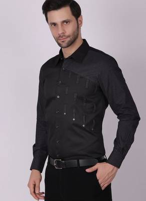 Pier seven men's cotton print/ stud detailed slim fit shirt - black 1