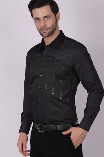 Pier seven men's cotton print/ stud detailed slim fit shirt - black