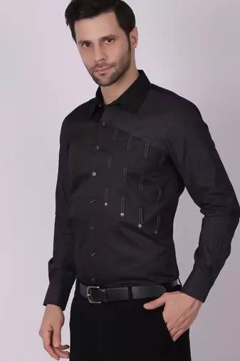 Pier seven men's cotton print/ stud detailed slim fit shirt - black