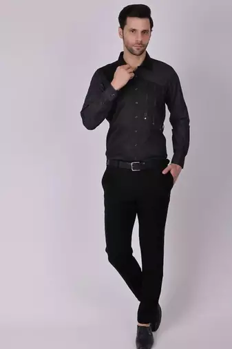 Pier seven men's cotton print/ stud detailed slim fit shirt - black