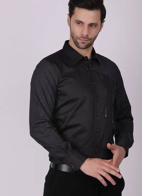 Pier seven men's cotton print/ stud detailed slim fit shirt - black 3