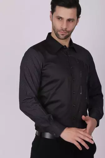 Pier seven men's cotton print/ stud detailed slim fit shirt - black