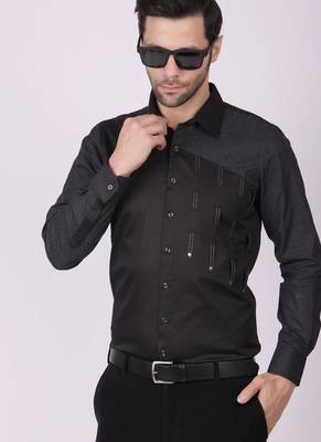 Pier seven men's cotton print/ stud detailed slim fit shirt - black 4