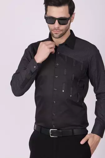 Pier seven men's cotton print/ stud detailed slim fit shirt - black