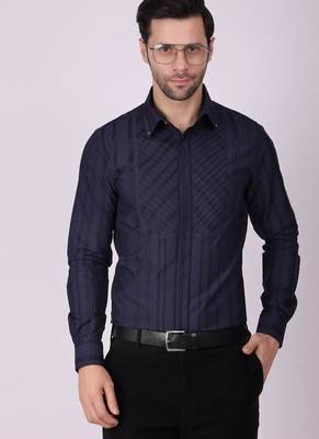 Pier seven men's cotton striped pleated yoke regular fit shirt - navy blue (pwy054) 1