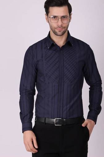 Pier seven men's cotton striped pleated yoke regular fit shirt - navy blue (pwy054)