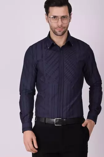 Pier seven men's cotton striped pleated yoke regular fit shirt - navy blue (pwy054)