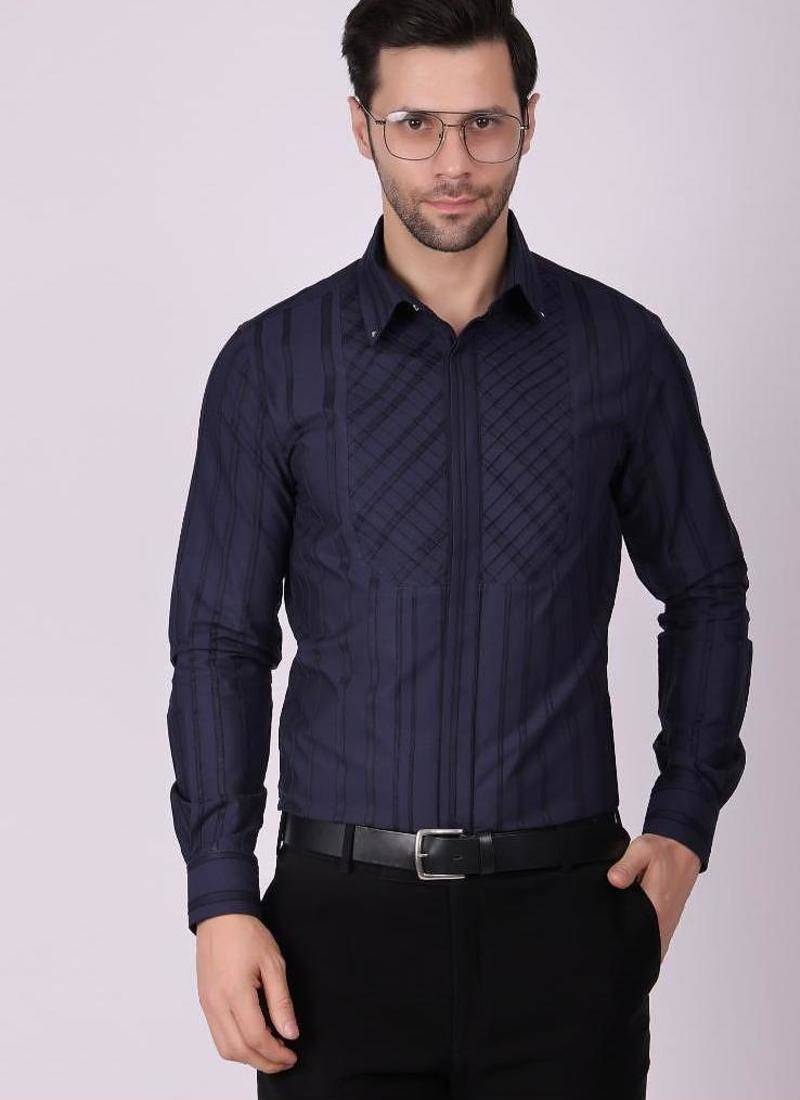 Pier seven men's cotton striped pleated yoke regular fit shirt - navy blue (pwy054)