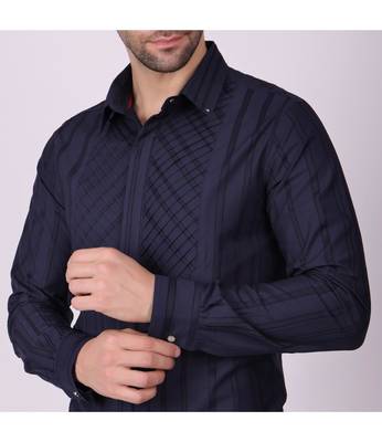 Pier seven men's cotton striped pleated yoke regular fit shirt - navy blue (pwy054) 2
