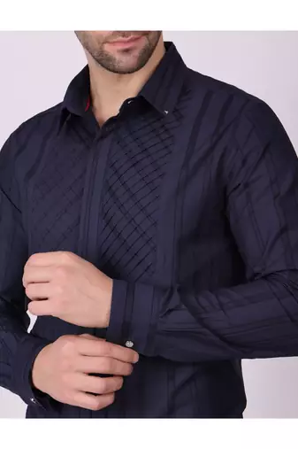 Pier seven men's cotton striped pleated yoke regular fit shirt - navy blue (pwy054)
