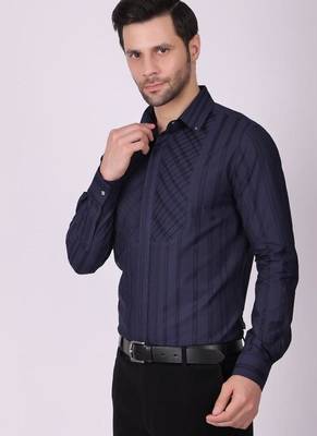 Pier seven men's cotton striped pleated yoke regular fit shirt - navy blue (pwy054) 3