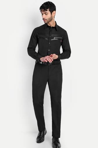 Pier seven black panelled shirt with faux-leather & zipper detail  cotton blend men's slim fit full sleeve shirt