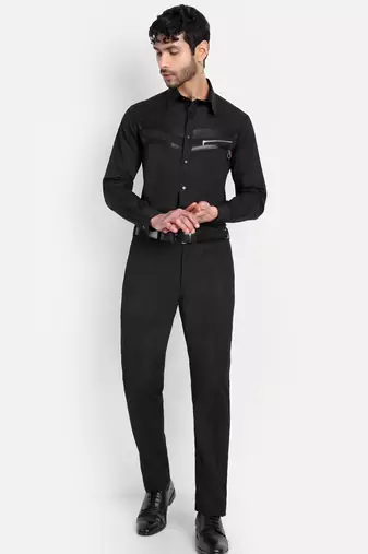 Pier seven black panelled shirt with faux-leather & zipper detail  cotton blend men's slim fit full sleeve shirt