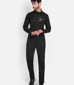 Pier seven black panelled shirt with faux-leather & zipper detail  cotton blend men's slim fit full sleeve shirt