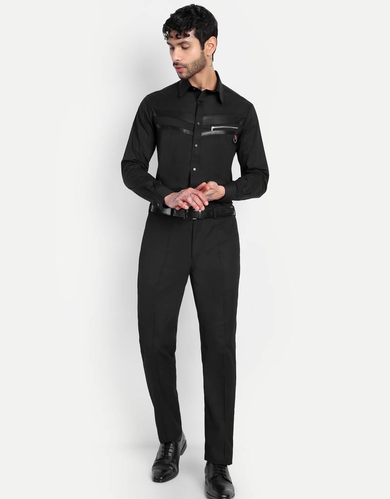 Pier seven black panelled shirt with faux-leather & zipper detail  cotton blend men's slim fit full sleeve shirt