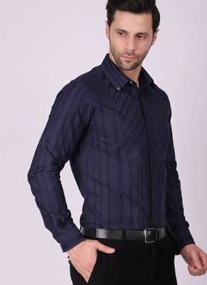 Pier seven men's cotton striped pleated yoke regular fit shirt - navy blue (pwy054) 4